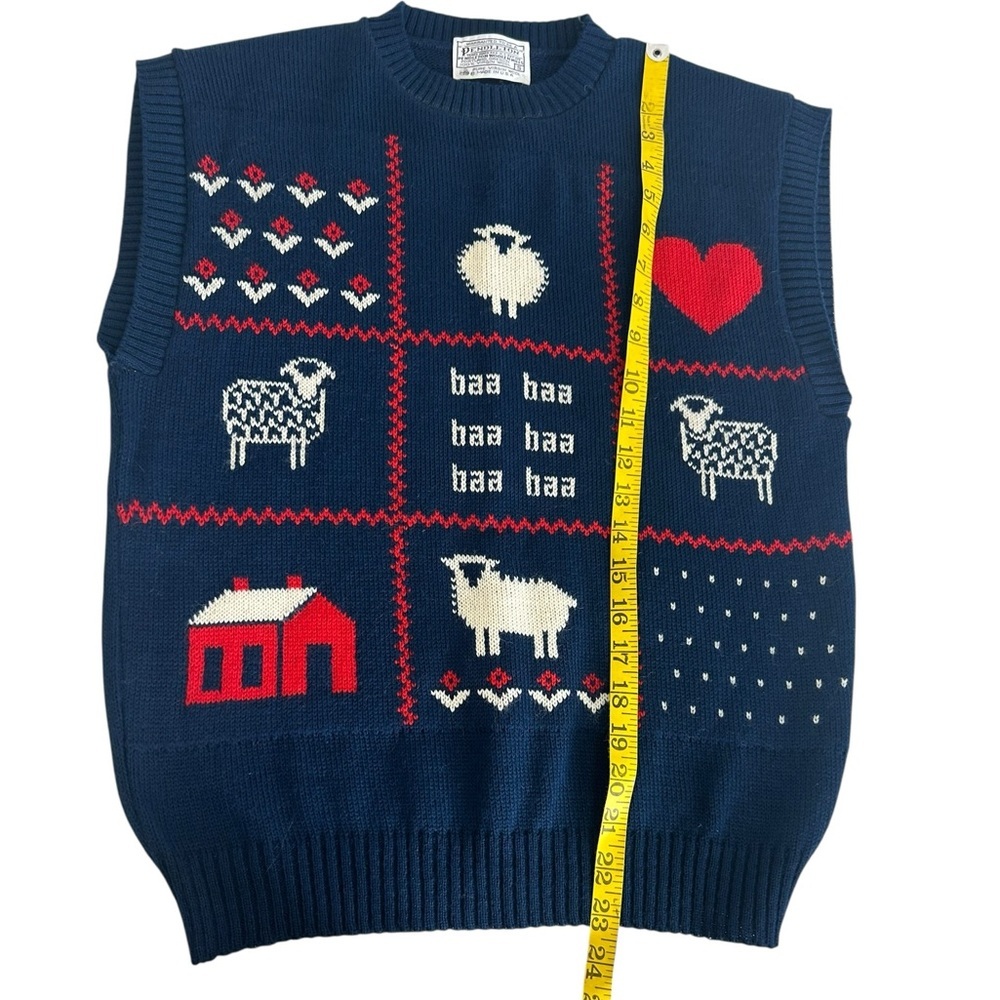 VTG 80s Pendleton Baa Baa baa Sheep Tic Tac Toe Wool Sweater Vest Navy Small - Picture 8 of 11
